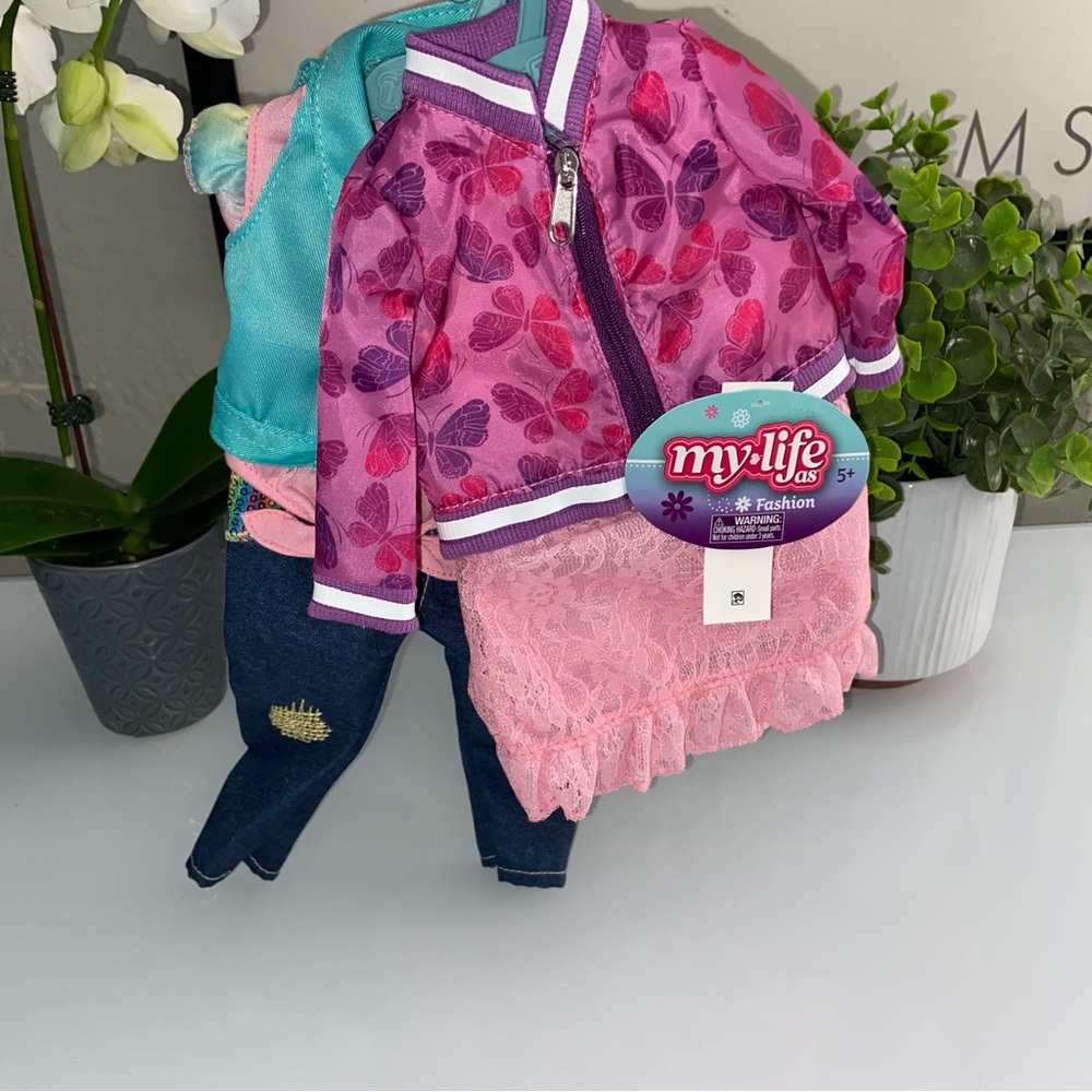 ‼️SOLD‼️My Life As Doll Accessories Teal Top Jeans & Pink Lace Dress Outfit Set